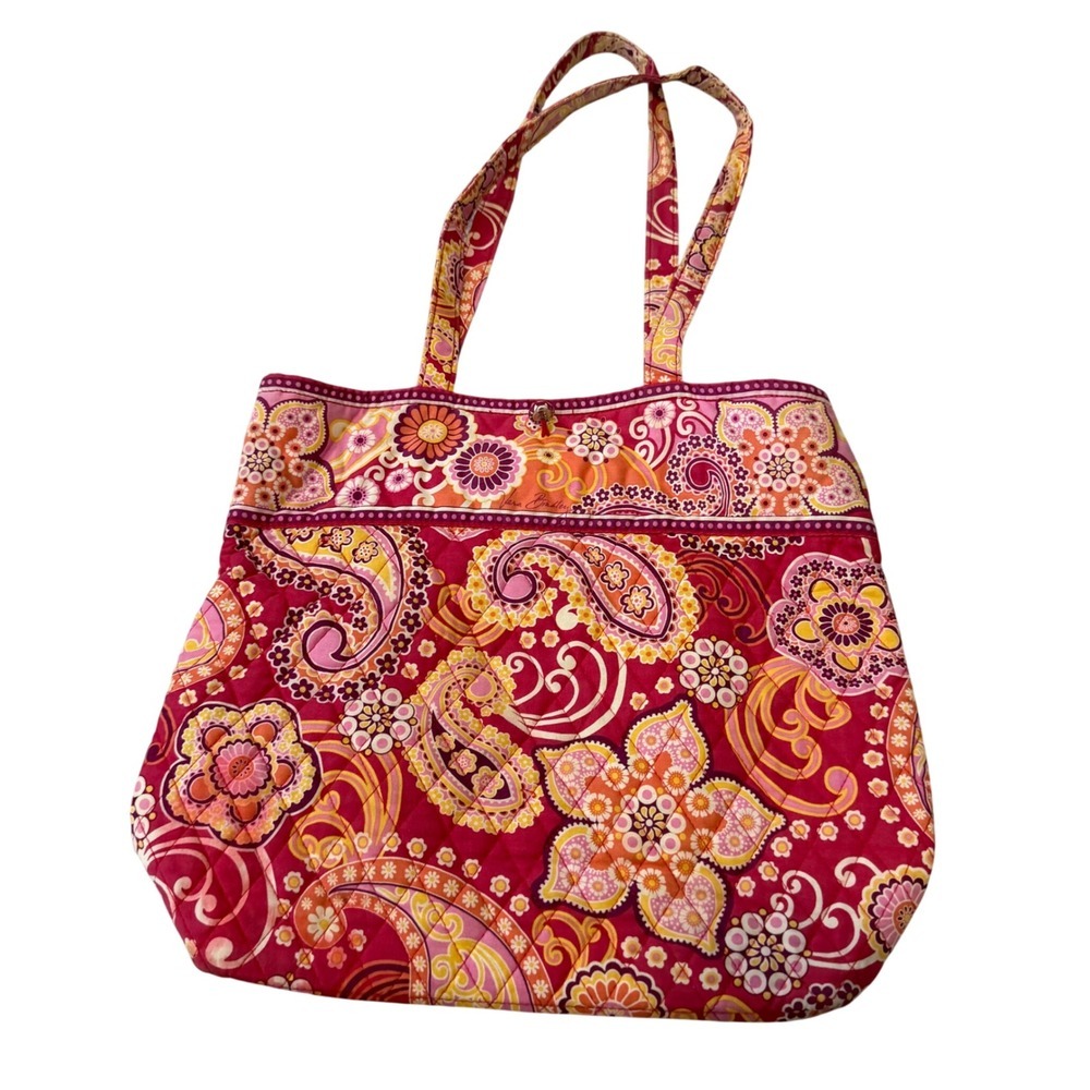 Vera Bradley Quilted Cotton Tote Bag Pink Orange Paisley Floral Shoulder Purse